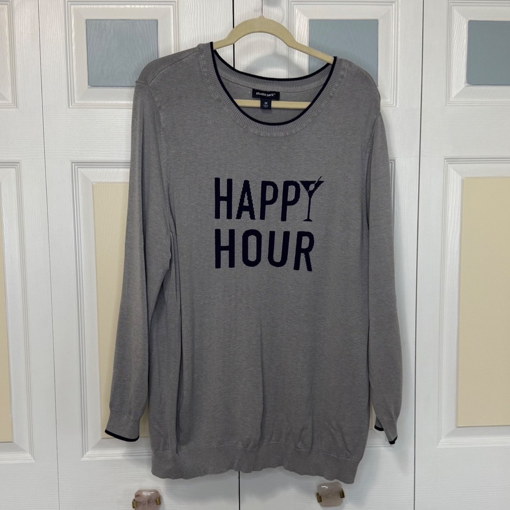 Studio Park Women's 3X Happy Hour Cocktail Graphic Long Sleeve Sweater Grey Navy